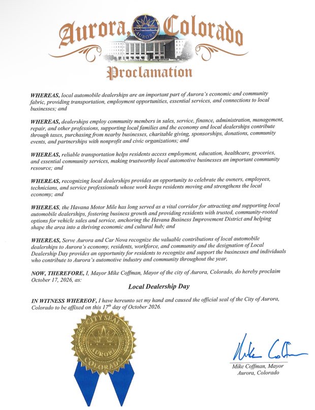 City of Aurora Local Dealership Day proclamation, October 17, 2026, signed by Mayor Mike Coffman