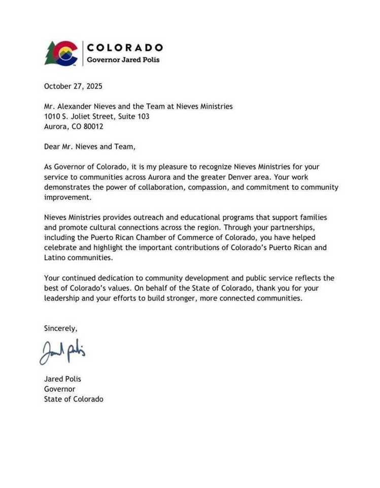 Governor Polis letter to Nieves Ministries, October 27, 2025